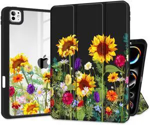 MEEgoodo Cover for M4 iPad Pro 11 inch Case 2024, Tablet Cases with Transparent Acrylic Back Shell +Trifold Stand + Pencil Holder + Auto Wake/Sleep, Sunflowers