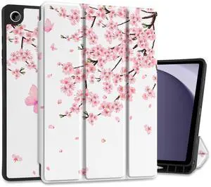 MEEgoodo Case for Samsung Galaxy Tab A9 Plus 11 inch Cover 2023 with S Pen Holder, A9+ Smart Tablet Cases with Leather Trifold Stand+Soft TPU Back Shell+Smart Auto Wake/Sleep, Cherry Blossoms