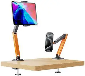 nediea Adjustable Tablet Stand for Desk & Bed, 360 Degree Rotation Tablet Arm Holder with Clamp Mount, Phone & Tablets Desk Mount for Office, Compatible With iPad & 4.7-12.9in Android Tablets (Orange)
