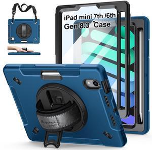 Case for iPad mini 7 (A17 Pro)/ Mini 6 8.3 INCH: TPU Cover for iPad mini 7th/6th Generation 8.3 Inch with Screen Protector- Stand + Handle + Shoulder Strap + Pencil Holder- Blue