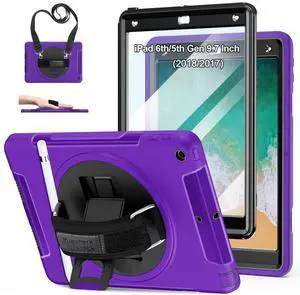 Case for iPad 6th/5th Generation 9.7 INCH: TPU Cover for iPad 9.7 (2018/2017) & iPad Air 2 9.7" with Screen Protector- Stand- Handle- Shoulder Strap-Pencil Holder- Purple