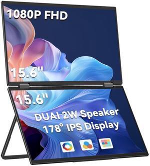 MINISFORUM 15.6'' Dual-Screen Portable Monitor, 1080P FHD USB-C/HDMI Laptop Screen Extender, 45% NTSC DE<1,180degRotation, Foldable Portable Monitor, Built-in Speakers (Mac/Win)