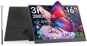 NewHail OLED Portable Monitor 16", 3K 2880x1800 120Hz 0.1ms USB-C HDMI Portable Monitor with 120% DCI-P3 Built-in Kickstand & Speakers for Laptop Windows Mac Phone Switch PS5, Black