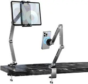 Pisipi Tablet Stand for Desk, iPad Desk Mount, Magnetic Tablet Holder for Desk, Foldable Phone Arm Mount with 360° Adjustable Rotatable, Phone Holder iPad Stand Fits for 4.7-15.6" Screen
