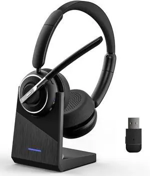 PrancyBt Wireless Headset, Bluetooth Headset with AI Noise Cancelling Mic, Bluetooth V5.2 Headphones with USB Dongle, Charging Base & Mic Mute for PC/Cell Phones/Call Center (Binaural, Black)