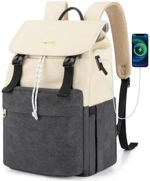 Orvilly Vintage Canvas Laptop Backpack for Women,15.6" Laptop College Rucksack with USB/Type-C Charging Port,Fashion Lightweight Bookbag Hiking Casual Daypack Backpacks for Travel Work(Black & Beige)