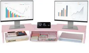 OPNICE Dual Monitor Stand Riser, Wooden Desk Organizer with Drawer, Office Desk Organizers and Accessories, Office Workspace Organization Computer Monitor Stand for Laptop, Printer, TV, Office Supplie