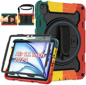 ROSROME for iPad Air 11 inch Case M3 2025 / M2 2024, Air 6th Generation Case for Kids with HD Screen Protector, Shoulder Strap, 360 Stand, Hand Strap,Heavy Duty Shockproof Drop Protection