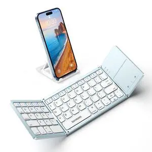 Samsers Foldable Bluetooth Keyboard with Touchpad - Portable Wireless Keyboard with Holder, Rechargeable Full Size Ultra Slim Pocket Folding Keyboards for Android Windows iOS Tablet & Laptop - Blue
