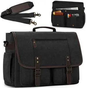 RAINSMORE Mens Messenger Bag 17-17.3 Inch Vintage Canvas Briefcase Water-resistant Large Computer Laptop Bag Rugged Satchel Shoulder Bag for Work Travel, Bookbag for College
