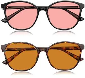 R.F.YFQH 2 Pack Indoor Fluorescent-41 Pink & Outdoor Fluorescent-60 Brown Tinted Migraine Light Sensitivity Glasses for LED Glare, Photophobia & Gaming Computer JF6208