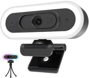 saylas 2K 50FPS Webcam, Streaming Camera with Fill RGB Lights, Autofocus, Dual Noise-Cancelling Microphones, Privacy Cover and Tripod for Computer, PC, Zoom, Skype, Teams, Laptop