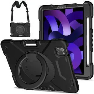 SCSVPN Case for iPad Air 5th/4th Generation 10.9'', iPad Pro 11 Inch Case Kids 4th/3rd/2nd/1st Gen 2022 2021 2020 2018 w/Pencil Holder-Stand-Handle-Shoulder Strap, Shockproof Protective Cover, Black