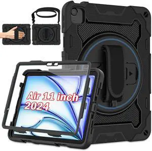 ROSROME for iPad Air 11 inch Case M3 2025 / M2 2024, Air 6th Generation Case for Kids with HD Screen Protector, Shoulder Strap, 360 Stand, Hand Strap,Heavy Duty Shockproof Drop Protection