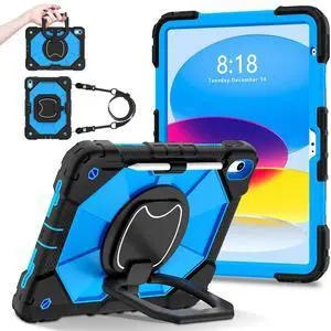 RONWTIMES Rugged Case for iPad (A16)11th /10th Generation 11/10.9 Inch 2025/2022 - Military Shockproof Cover with Rotating Stand, Screen Protector, Pencil Holder & Shoulder Strap for Kids, Black+Blue