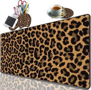 Large Game Mouse Pad + Brush Holder Phone Stand+Coaster Set, Multi-Functional Organizer with Stitched Edge Non-Slip Table Pad, Suitable for Gamers/Offices, Leopard Print