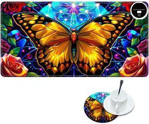 RWUTYTIUL Heated Mouse Pad with 6 Heating Levels, Warm Desk Mats with Coasters, 23.6" x 14" Computer Keyboard Mouse Mat Non-Slip Desk Mat Hand Warmer for Work Game Players Office, Butterflies