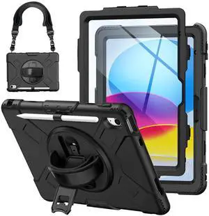 for iPad(A16) 11 inch 2025 case/10.9 inch iPad 10th Generation Case, Heavty Duty Shockproof Full Protective Case with Screen Protector and Rotatable Hand Strap, Shoulder Strap (Black)