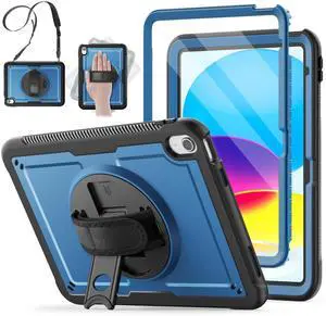 SCSVPN Case for iPad A16 11th Generation 11 Inch 2025/10th Gen 10.9'' 2022, Slim Hard Shockproof Protective Case with Screen Protector, Pencil Holder, Rotating Stand, Hand/Shoulder Strap - Navy Blue