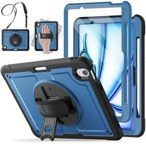 SCSVPN Case for iPad Air 11 Inch M3 2025/M2 2024, Shockproof Rugged Protective Case for iPad Air 7th/6th Generation with Screen Protector, Pen Holder, Rotating Stand, Hand/Shoulder Strap - Navy Blue