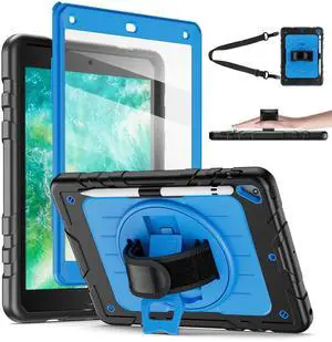 Stweap Case for iPad 6th/5th Generation 9.7'' with Screen Protector Pencil Holder [360 Rotating Hand Strap] &Stand, Drop-Proof Case for iPad 6th/5th/ Air 2/ Pro 9.7 (Black&Sky Blue)