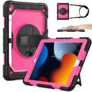 SIBEITU Case Compatible with iPad 9th/8th/7th Generation with Screen Protector Pen Holder, iPad Case 10.2 Inch, Heavy Duty Protection Cover W/Stand Hand Shoulder Strap for iPad A2602 A2197