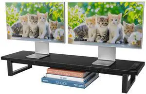 Simple Trending Dual Monitor Stand Riser with 2 USB Charging Ports, Computer Desk Organizer for 2 Monitors, Extra Long TV Stand for Laptop Office, iMac, Black
