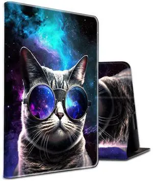 for Fire HD 10 Tablet Case 2019/2017,Shockproof Slim PU Leather Stand Cover with Auto Sleep/Wake for All-New  Kindle Fire 10,Galaxy Hipster Cat