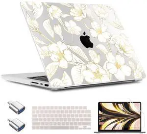 TWOLSKOO Case for MacBook Pro 14 inch M4 M3 M2 M1 (2025-2021) A3112 A3185 A3401 A2918 A2992 A2779 A2442, Plastic Hard Shell & Keyboard Cover & Type C Adapter & Screen Protector, Gold Cherry Blossom
