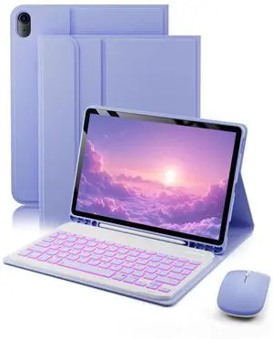 TUNKARMOR for iPad A16 11th / 10th Generation Case with Keyboard - 7 Color Change for iPad 10th Gen 2022 & 11th Gen 2025 A16 10.9/11 inch Cover - Built-in Pencil Holder with Mouse - Purple