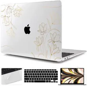 TWOLSKOO for 2021 2020 2019 2018 MacBook Air 13 inch Case A2337 M1 A2179 A1932, Hard Shell Case with Keyboard Skin & Screen Protector for MacBook Air 13.3 inch with Retina & Touch ID, Gold Florals
