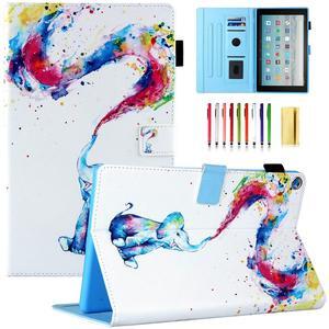 UUcovers Case for  Kindle Fire HD 10 Tablet 9th/7th Generation (2019 and 2017) 10.1" Cover with Pencil Holder Smart Folio Stand PU leather Magnetic Wallet [Auto Wake/Sleep], Rainbow Elephant