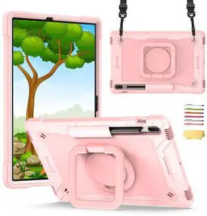 UUcovers Stand Case for Samsung Galaxy Tab S8 Plus 2022/Tab S7 FE 5G 2021/Tab S7 Plus 2020 Case 12.4 inch 360 Degree Rotating Kickstand,with Hand/Shoulder Strap Rugged Shockproof Cover, Rose Gold