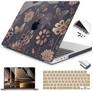 Teryeefi Case for for MacBook Pro 14 Inch M4 M3 M2 M1 (2021 2023 2024 Released) with Keyboard Cover & Screen Protector & OTG Adapter, Flower & Butterfly