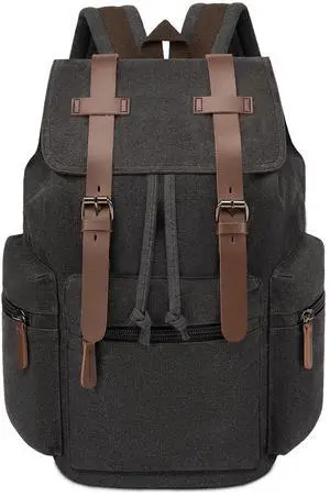 VAZUOOL Canvas Laptop Backpack, Vintage Daypack for Men Women, Travel Rucksack Knapsack Work College Computer Bag Bookbag Fits 15.6 Inch Laptop, Brown, Black