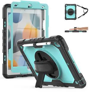 TSQ Case for iPad 9th/8th/7th Generation 10.2 Inch for Kids Boys w/Screen Protector | Shockproof Sturdy Case w/Pencil Holder & Rotating Stand & Hand Shoulder Strap | Light Blue
