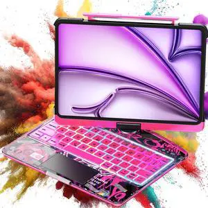 Clear Wireless Keyboard Case for iPad Air 13 Inch (M3/M2, 2025/2024)/ iPad Pro 12.9" (6/5/4/3 Gen) 2018 2020 2021 2022, 7-Color Backlit, Pencil Holder & Multi-Touch Trackpad, 360 Rotatable, Pink