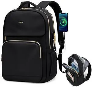 VNINE Laptop Backpack for Women Men Fits 15.6 Inch Laptop Bag Fashion Backpacks Purse with USB Port Waterproof Travel Bag Casual Daypacks for Teacher College Business Nurse Computer Backpack, Black