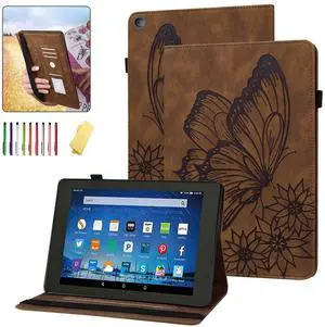 UUcovers Fire HD 10 2019/2017/2015 Case 9th/7th/5th Generation 10.1", Slim Folio Stand Wallet with Pencil Holder Elastic Band [Auto Sleep/Wake] Embossed PU Leather Cover, Flower Butterfly Brown
