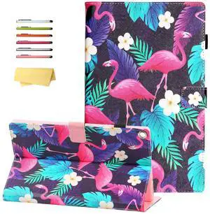 UUcovers Kindle Fire HD 10 Tablet Case 9th/7th Generation with Pencil Holder [Auto Wake/Sleep] Card Slots Smart PU Leather Folio Stand Cover for  Fire HD 10.1 inch 2019/2017, Palm Leaf Flamingo