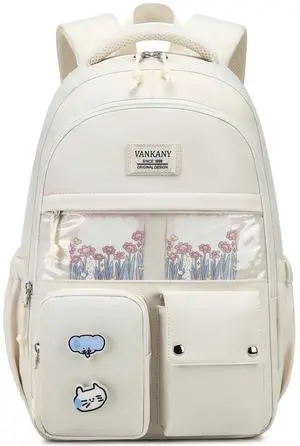 VANKANY Girls Backpack for School, Cute Teens Bookbag Large Capacity for Middle High School College Women Laptop Backpack with Accessories, Beige