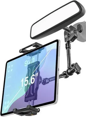 woleyi Car Rearview Mirror Tablet Holder Clip - [Metal Arm] Rear View Mirror Tablet Mount for Car Accessories with 360 Rotatable and Retractable for iPad Pro 13 Air Mini, Galaxy, Fire, 6-15.6" Devices