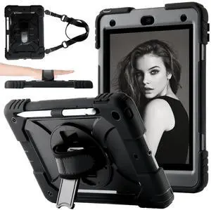Vteutu Case for iPad 9th/8th/7th Gen Case 10.2" - Shockproof, 360deg Rotating Stand, Hand & Shoulder Strap, Pencil Holder (Black)