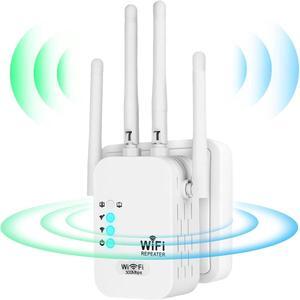 WiFi Repeater,Powerful WiFi Signal Amplifier,4 Antennas,2 LAN Ports,WiFi Extender for Home and Office,Coverage up to 300m2,Long Range WiFi Repeater,Plug and Play