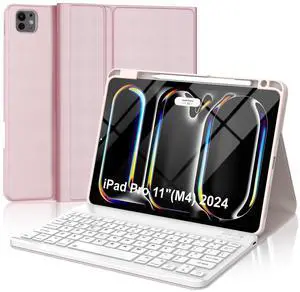 WINCHKING Keyboard Case for iPad Pro 11 inch M4 2024(Model:A2836/A2837/A3006),Detachable Wireless Bluetooth Keyboard PU Leather Folio iPad Case with Pencil Holder,Pink