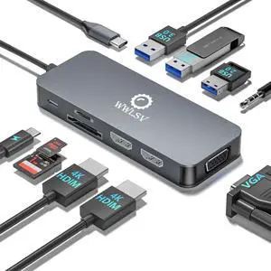 USB C Hub, 10-in-1 Docking Station Dual Monitor with 4K HDMI, VGA, Fast Charging Port, USB 3.0 & 2 USB 2.0 Ports, SD/TF Card Reader, 3.5mm AUX, USB C Dongle for MacBook, Dell, Lenovo, HP Laptops