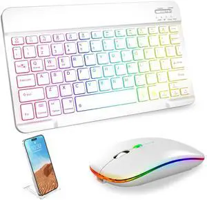 Bluetooth Keyboard & Mouse Combo for iPad - Rechargeable RGB Wireless Set with 7-Color Backlit, Compatible with iPad 10th/9th/8th Gen, iPad Pro/Air/Mini (White).