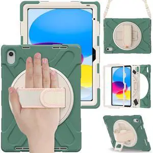 ZenRich Shockproof Case for iPad 11th (A16)/iPad 10th Generation 10.9 inch 2025/2022, Heavy Duty Rugged Case with Pencil Holder/360deg Rotating Kickstand/Handle/Carrying Strap, Green