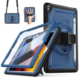 iPad 9th Generation Case Lightweight Rotating Shockproof with Screen Protector/Straps/Stand/Handle, Rugged Protective Case for 10.2 iPad 7/8/9 Gen, Pro 10.5", Air 3 Gen - Tibetan Blue