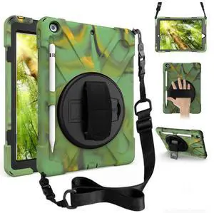 ZenRich Shockproof Case for iPad 9th/8th/7th Generation 10.2 inch 2021/2020/2019, Heavy Duty Rugged Case with Pencil Holder/360° Rotating Kickstand/Handle/Carrying Strap, Camouflage